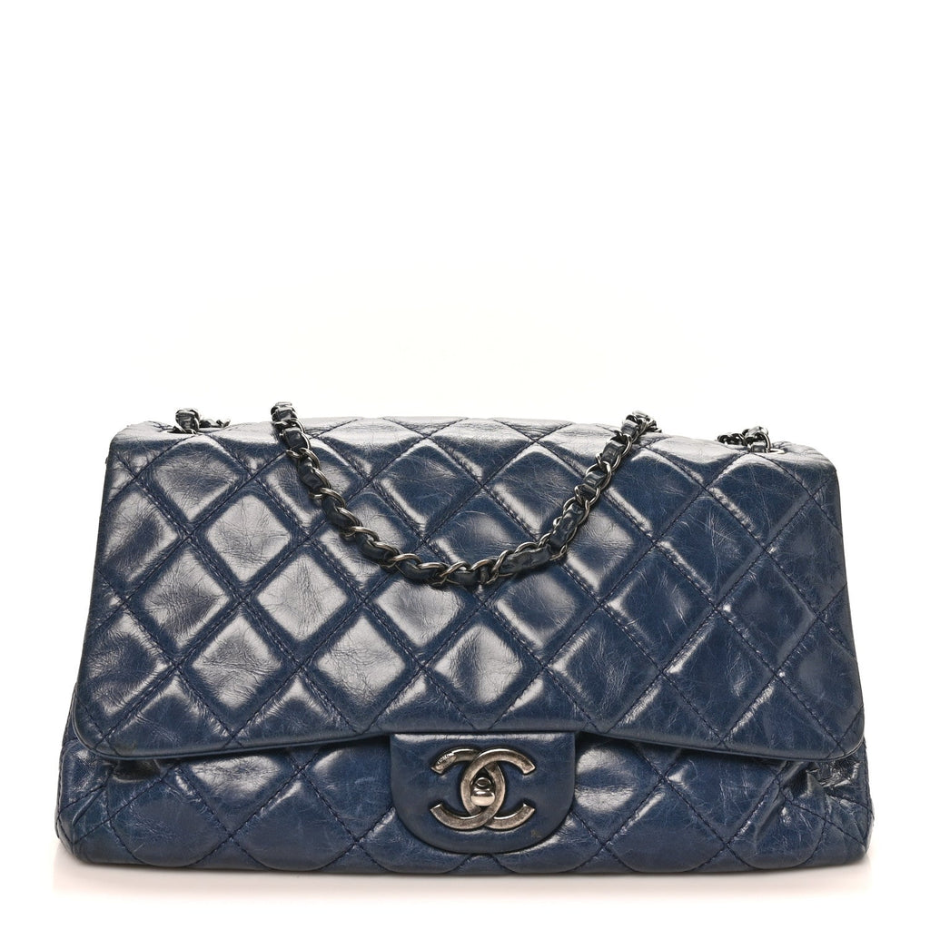 Glazed Calfskin Quilted Large Coco Soft Flap Navy