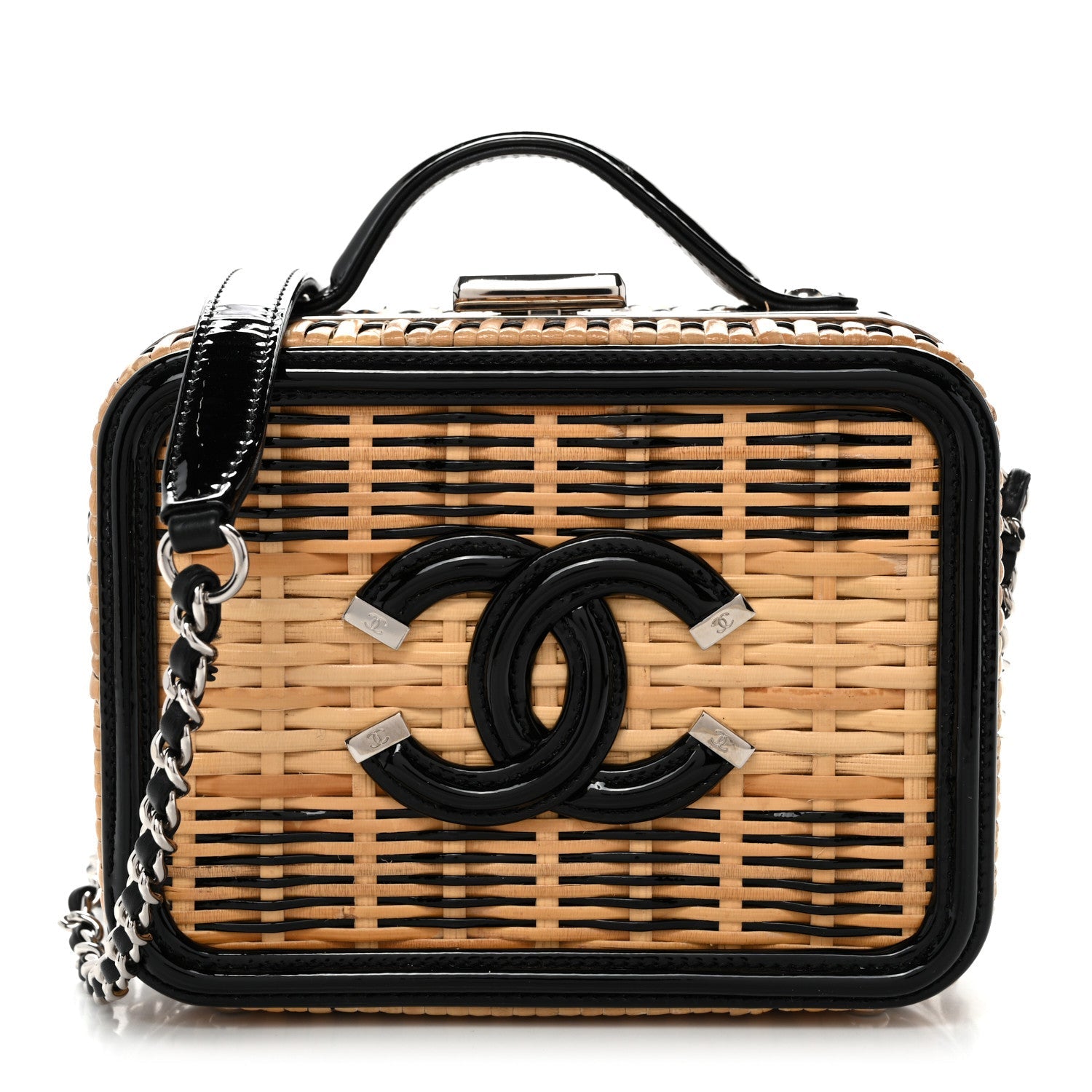 Raffia Patent Small CC Filigree Vanity Case Black