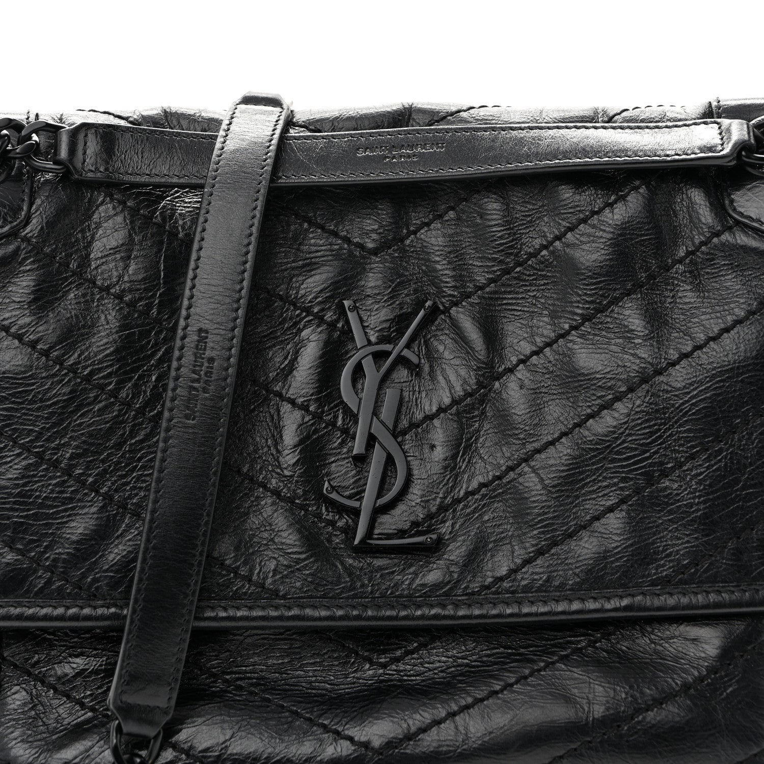 Crinkled Calfskin Matelasse Monogram Medium Niki Chain Satchel Black