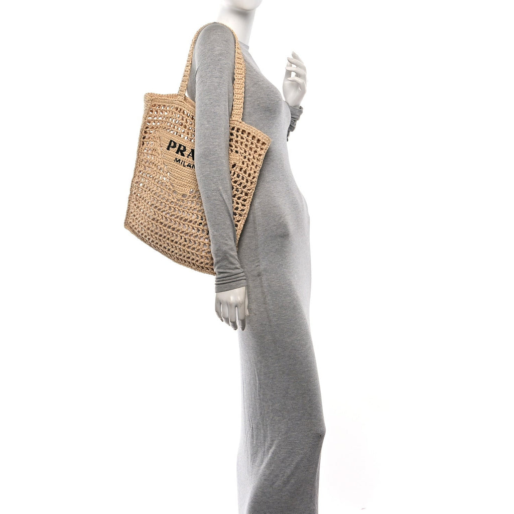Yarn Raffia Effect Crochet Logo Embroidered Tote Bag Naturale