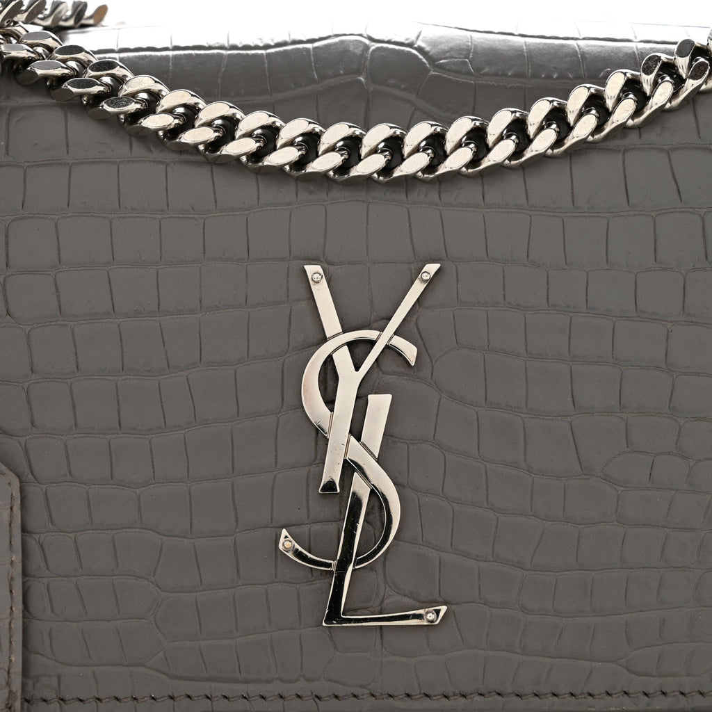 Calfskin Crocodile Embossed Medium Monogram Sunset Fog