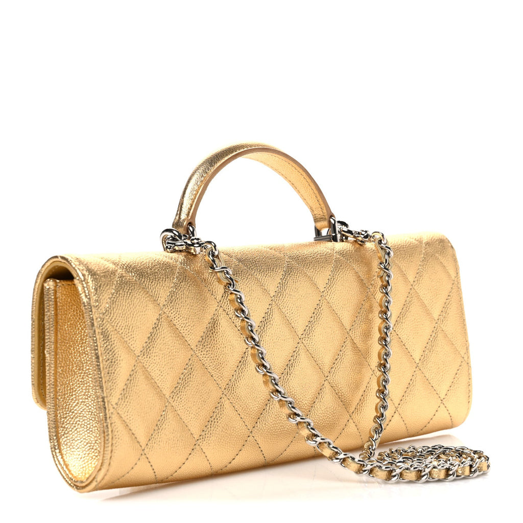 Metallic Caviar Quilted Top Handle Long Clutch With Chain Gold