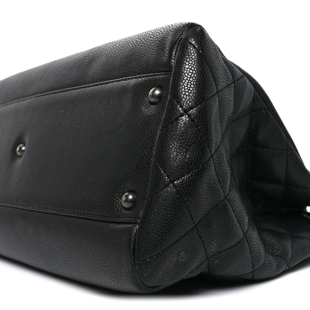 Metallic Grained Calfskin Woven Chain Large Shopping Bag Black