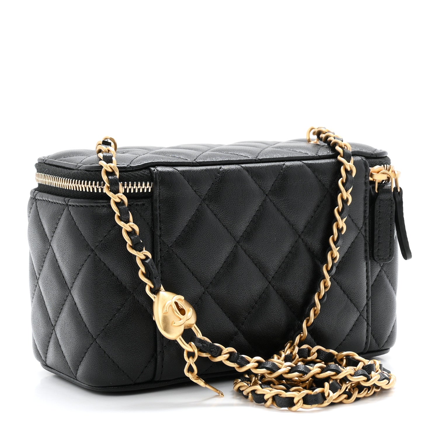 Lambskin Quilted Small Heart Vanity Case With Chain Black