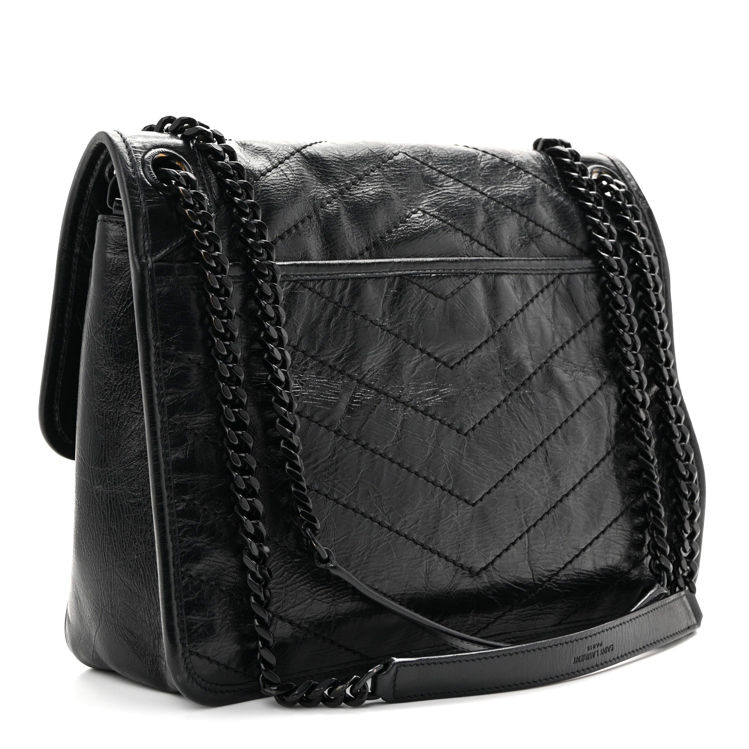 Crinkled Calfskin Matelasse Monogram Medium Niki Chain Satchel Black
