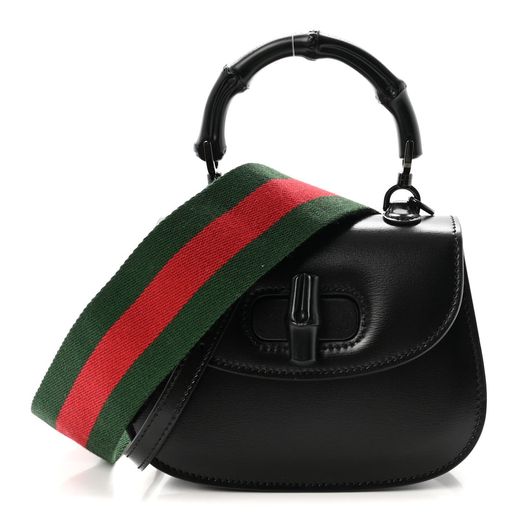 Boarded Dyana Lux Calfskin Web Monochrome Small Bamboo 1947 Top Handle Bag Black