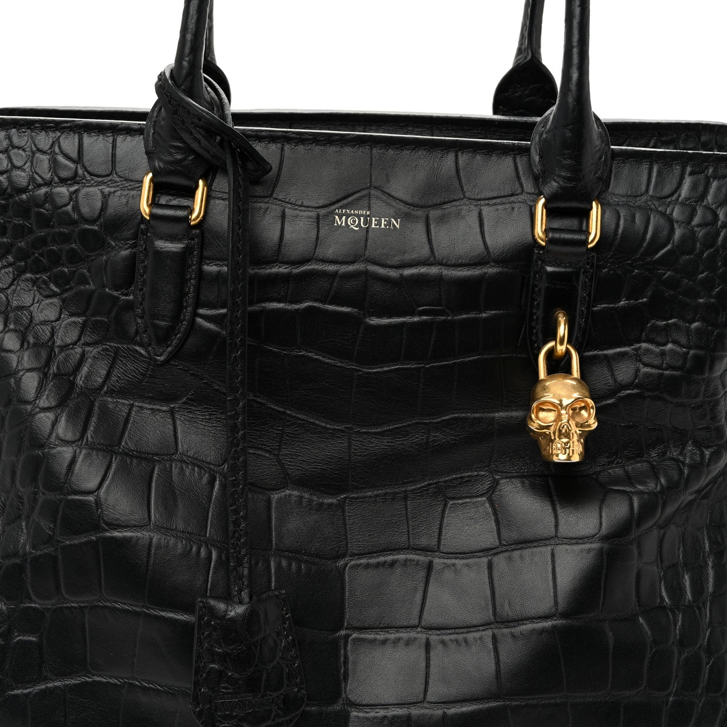 Calfskin Crocodile Embossed Large Skull Padlock Zip Around Tote Black