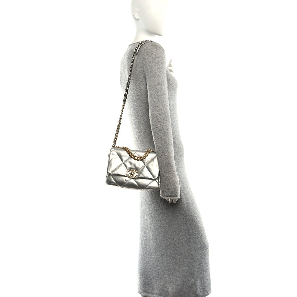 Metallic Lambskin Quilted Medium Chanel 19 Flap Silver