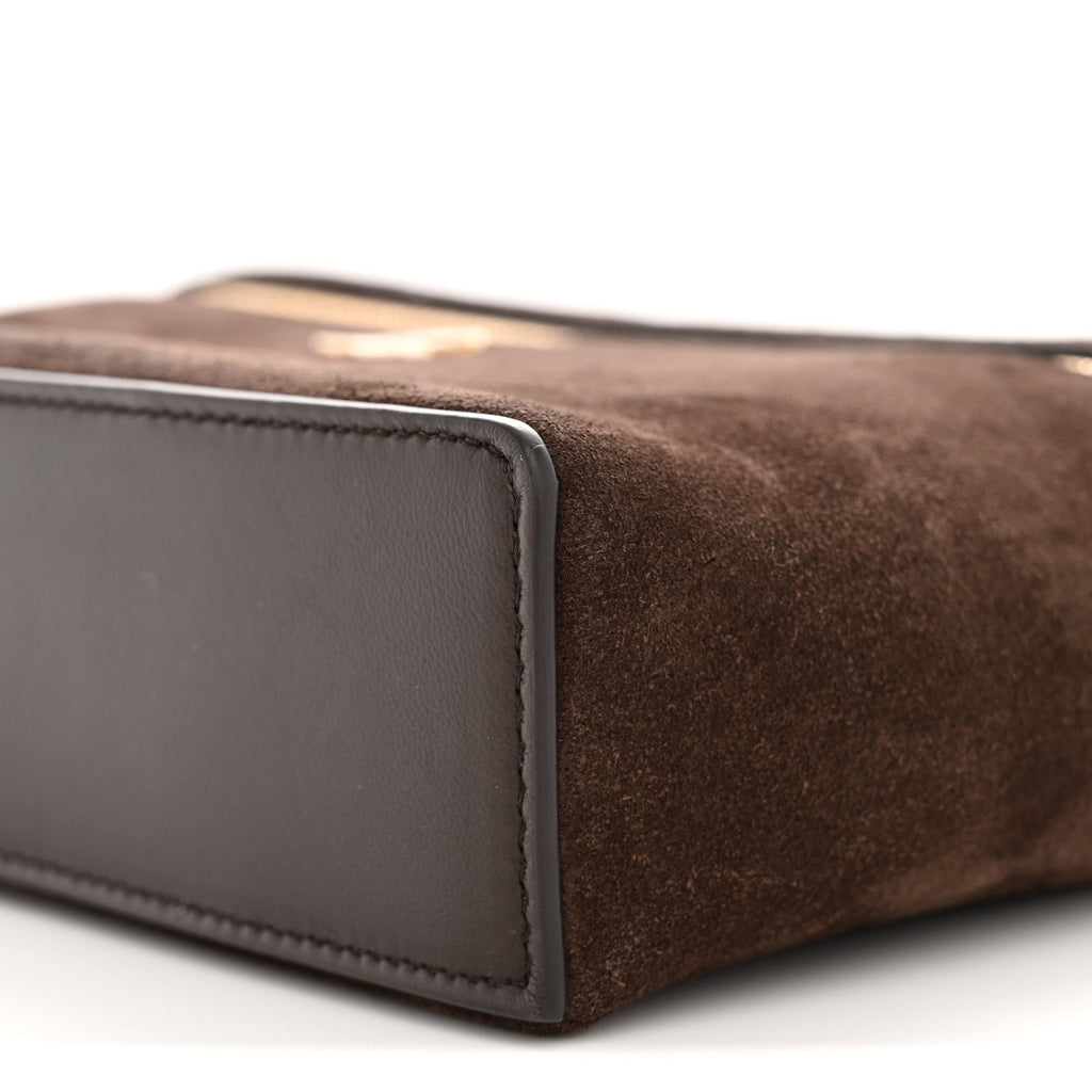 Suede Calfskin Large Top Handle Slim Vanity With Chain Dark Brown
