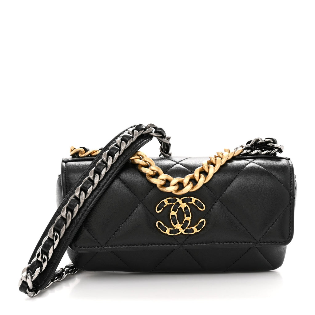 Goatskin Quilted Chanel 19 Glasses Case With Chain Black