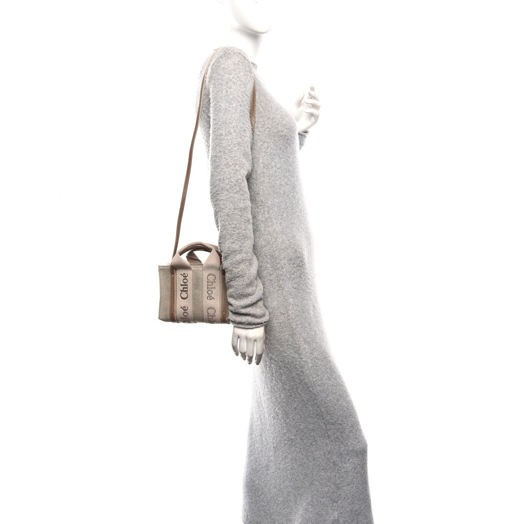 Linen Calfskin Mini Woody Ribbon Tote With Strap Blushy Beige
