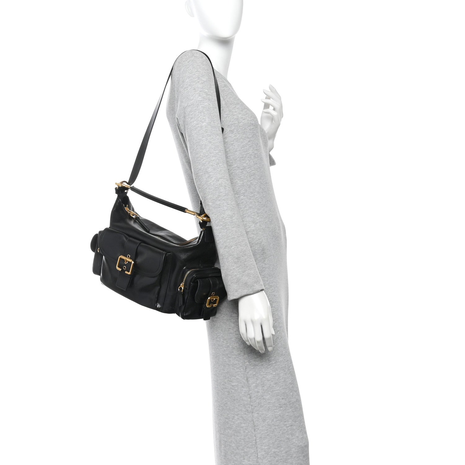 Shiny Calfskin Medium Double Carry Camera Bag Black