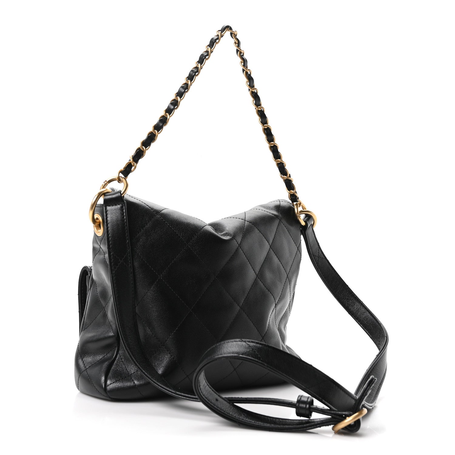 Shiny Calfskin Quilted Small Supple Twins Hobo Bag Black
