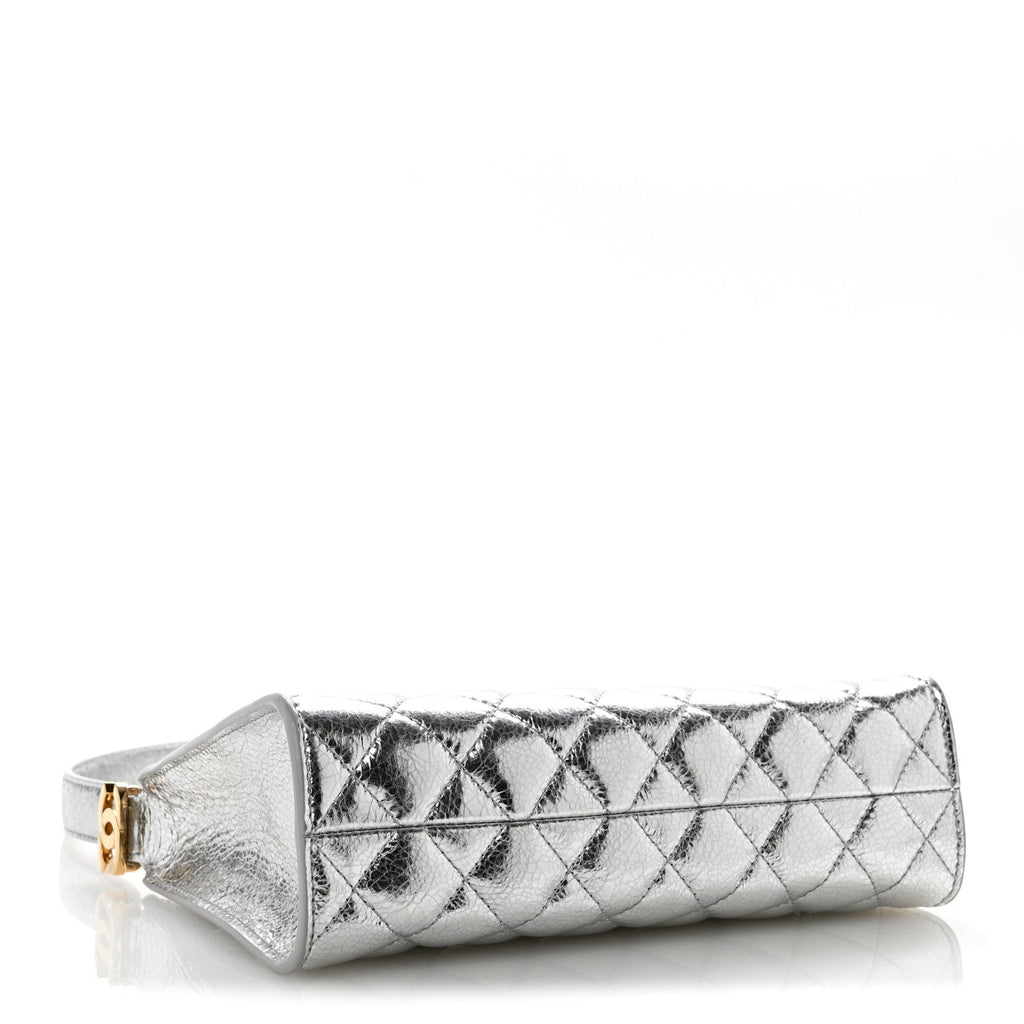 Metallic Crackled Calfskin Quilted Hobo Silver