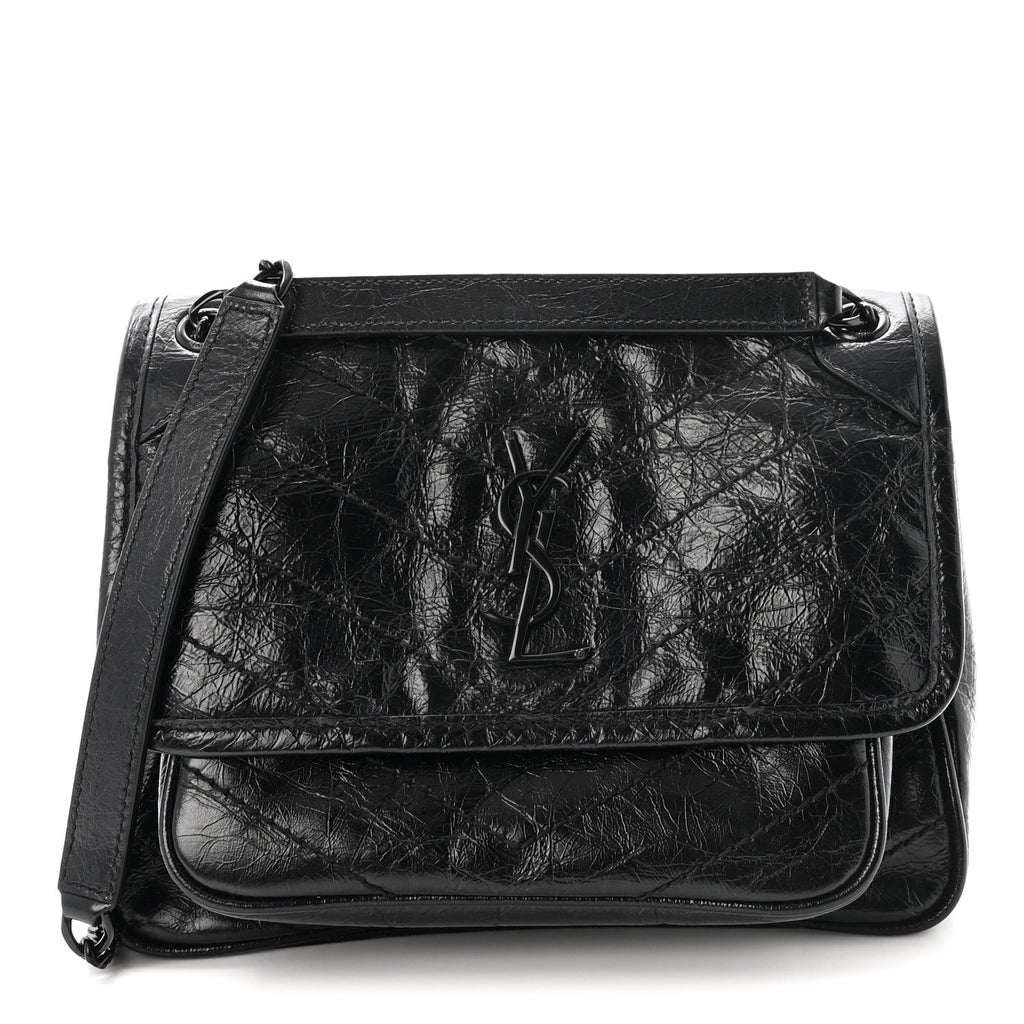 Crinkled Calfskin Matelasse Monogram Baby Niki Chain Satchel Black