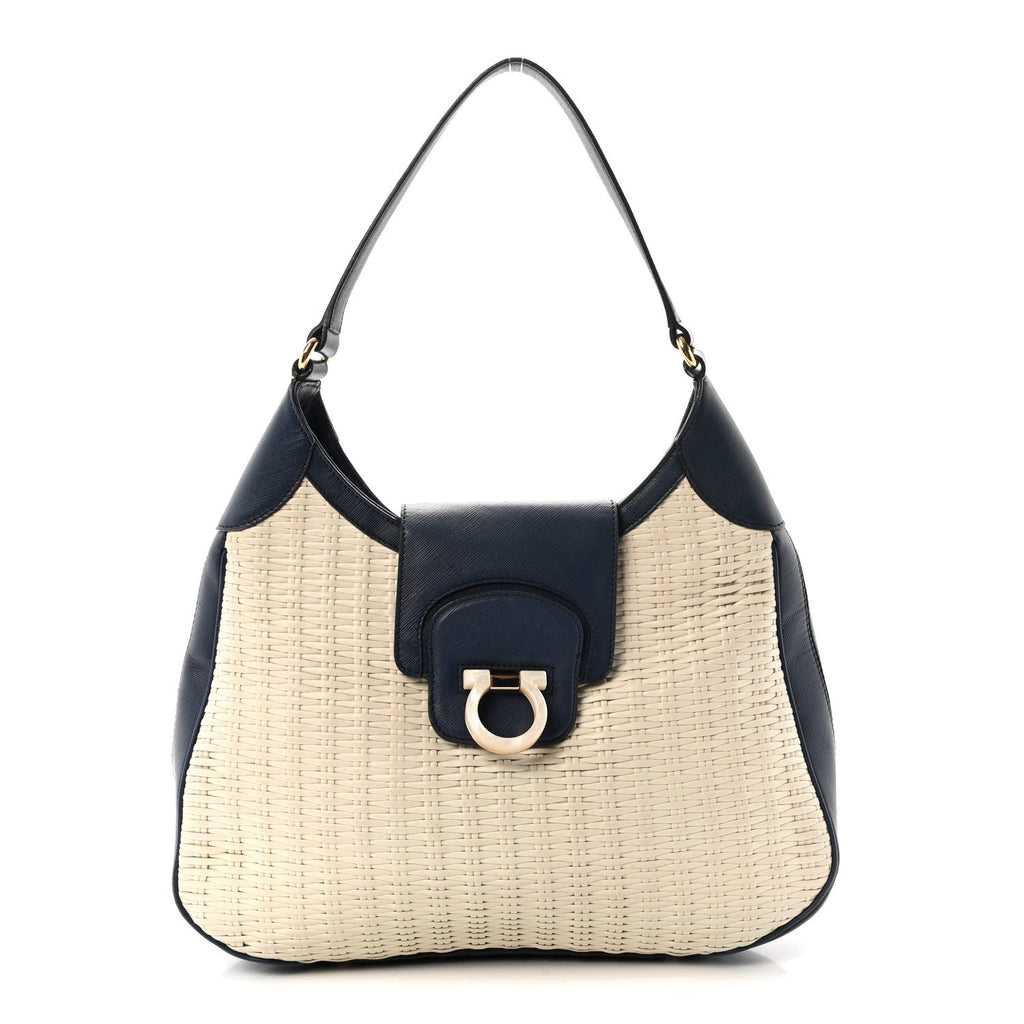 Woven Calfskin Gancini Hobo Blue White