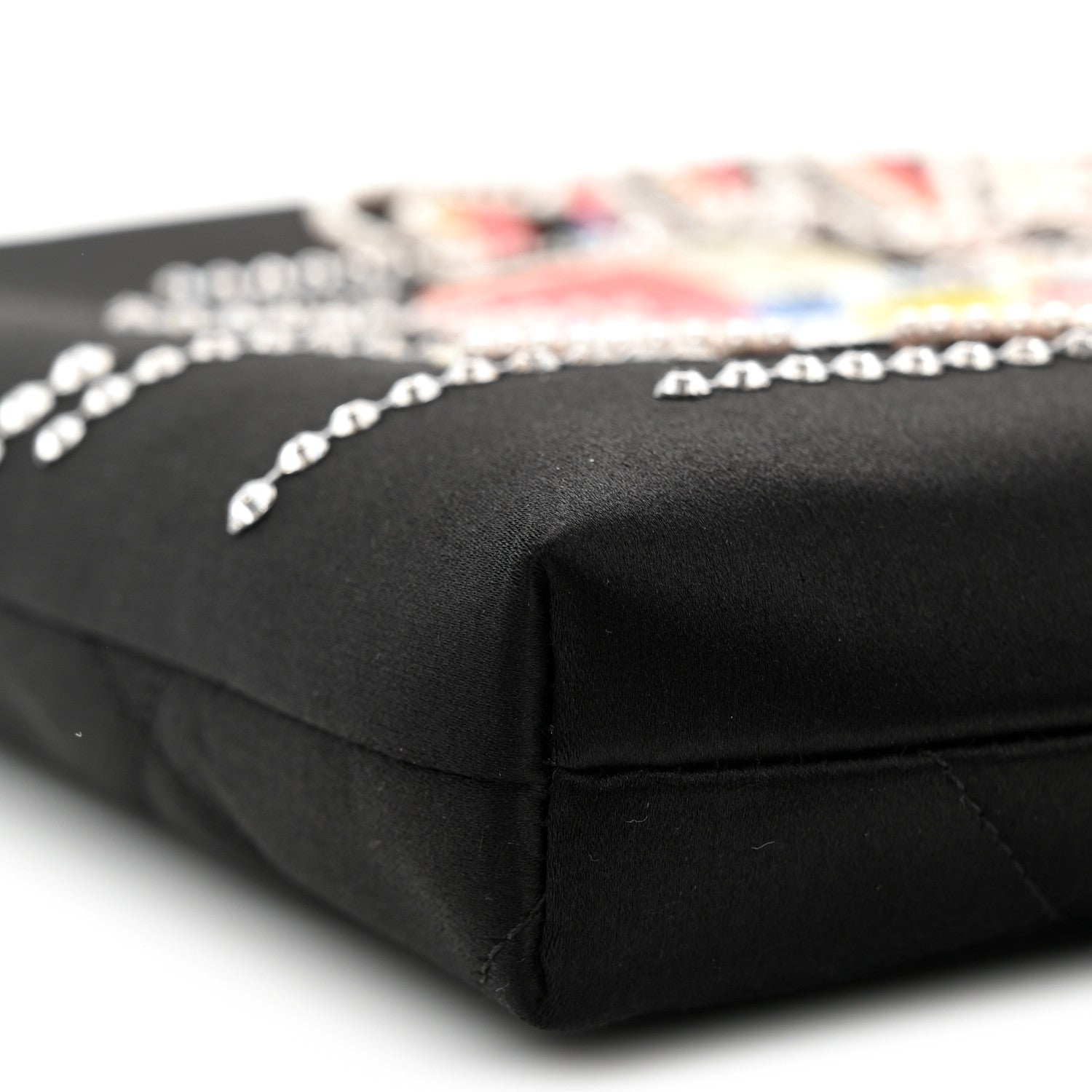 Satin Sequin Pearl Crystal Roller Skate Quilted Clutch With Chain Black Multicolor
