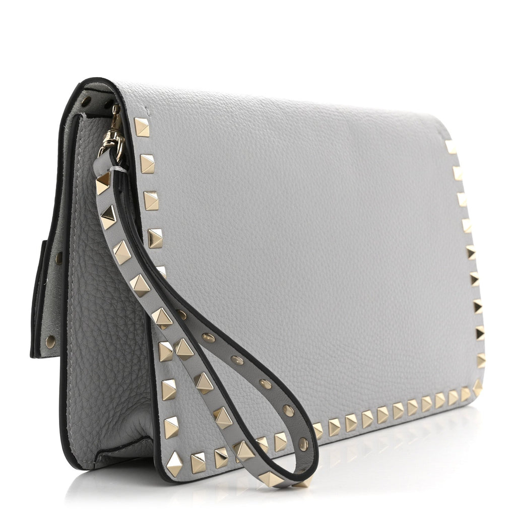 Pebble Calfskin Rockstud Side Slip Wristlet Clutch Pastel Grey