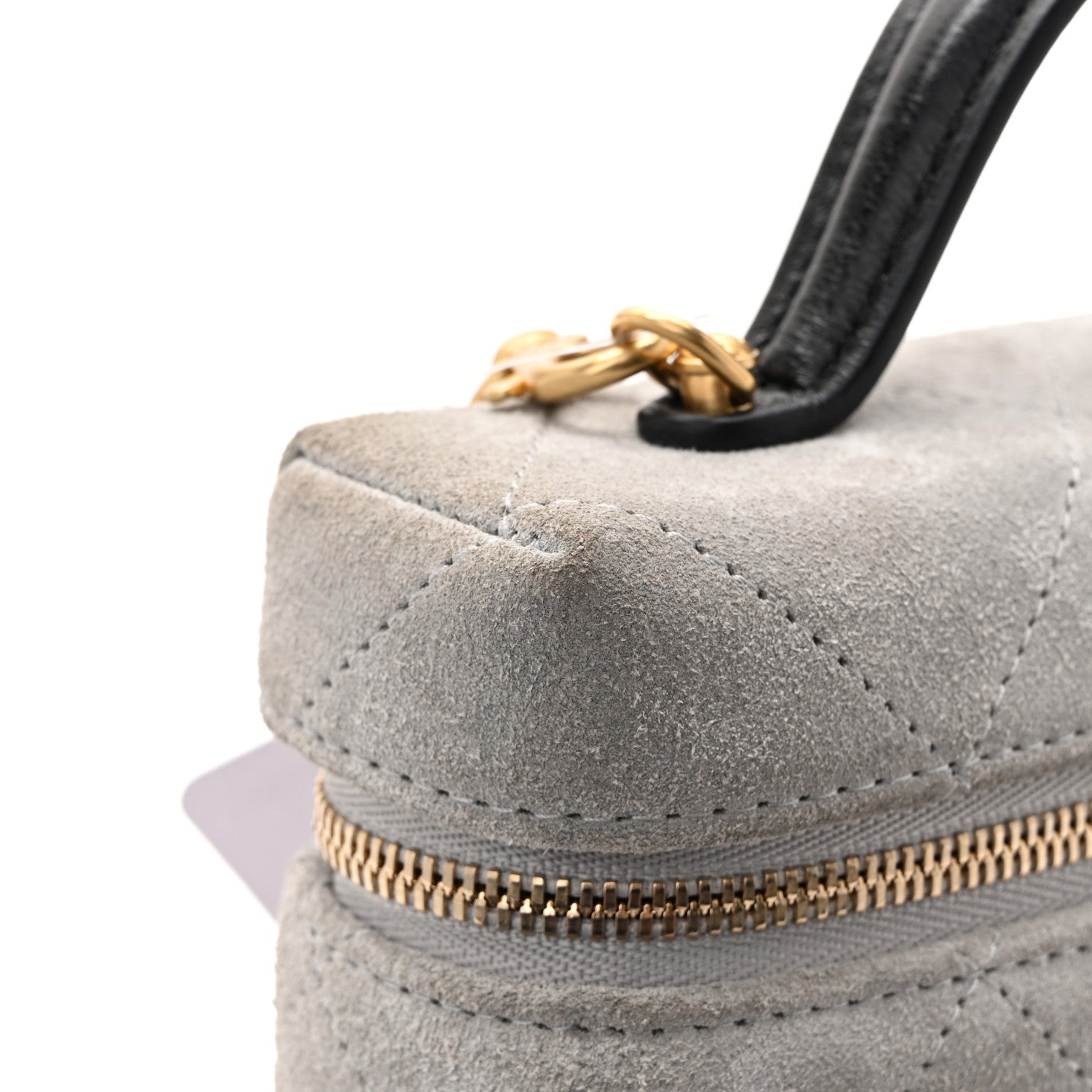 Suede Calfskin Shiny Lambskin Quilted Top Handle Slim Vanity Case With Chain Grey Black