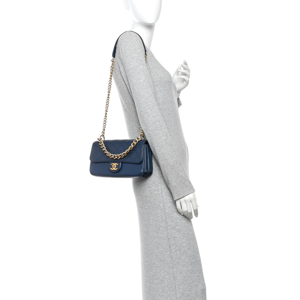 Glazed Calfskin Quilted Small Straight Lined Flap Blue