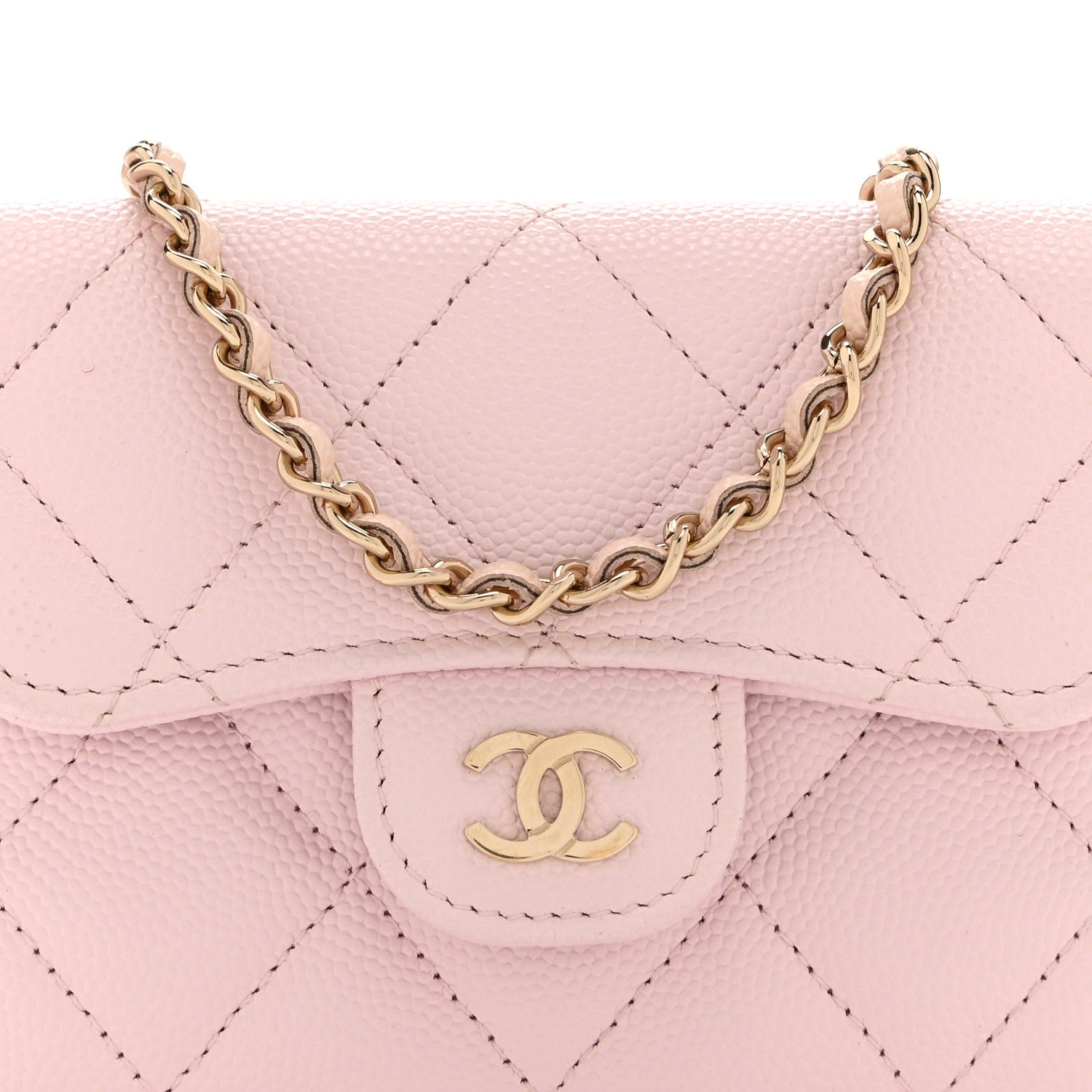 Caviar Quilted Flap Card Holder On Chain Pink