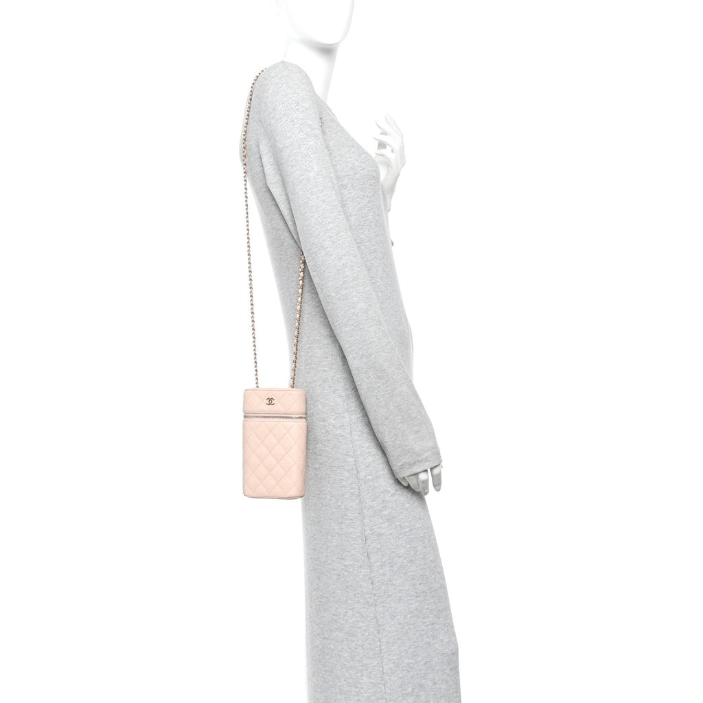 Caviar Quilted Phone Holder With Chain Light Pink