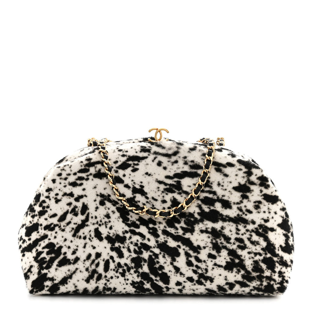 Lambskin Pony Hair Printed Clutch With Chain Black White