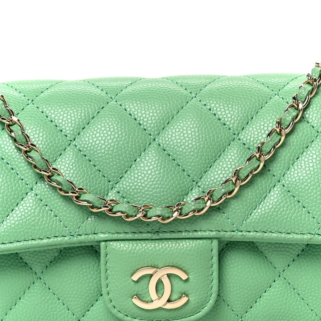 Caviar Quilted Flap Phone Holder With Chain Green