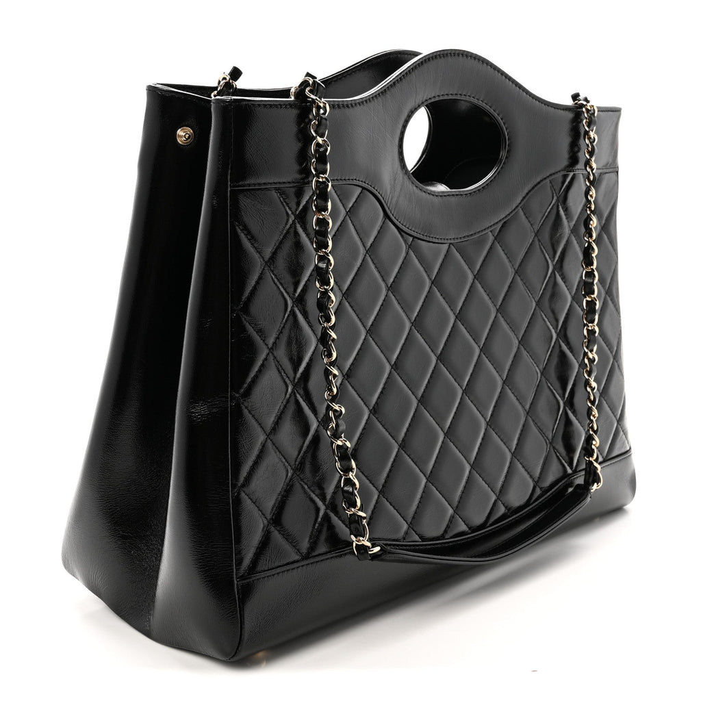 Shiny Lambskin Quilted Large 31 Shopping Bag Black