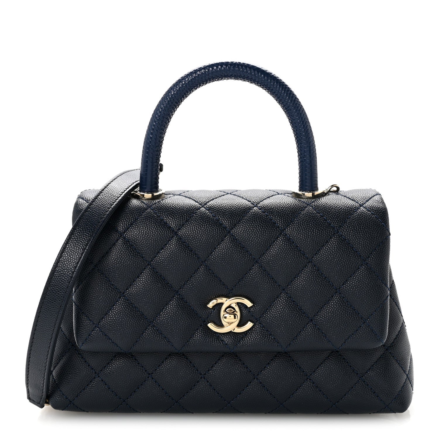 Caviar Quilted Lizard Embossed Mini Coco Handle Flap Navy Blue