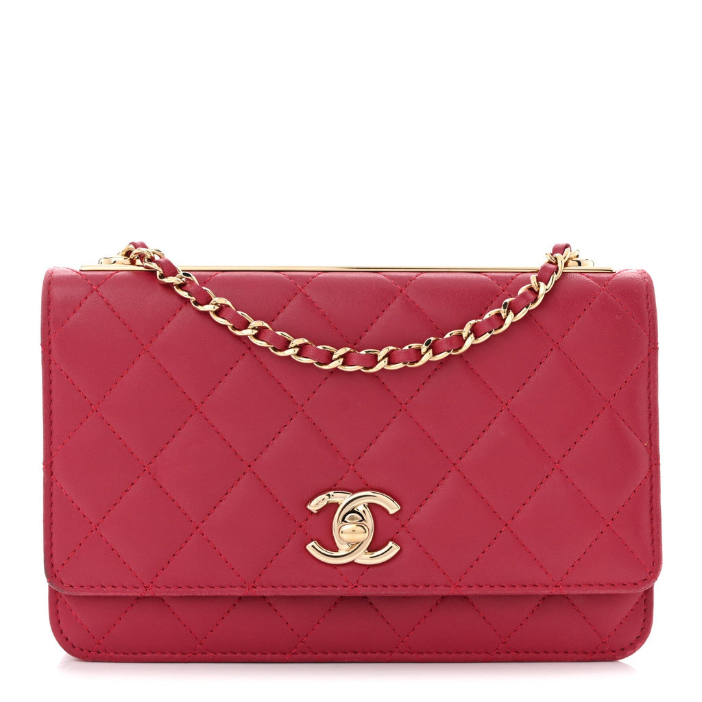 Lambskin Quilted Trendy CC Wallet On Chain WOC Dark Pink