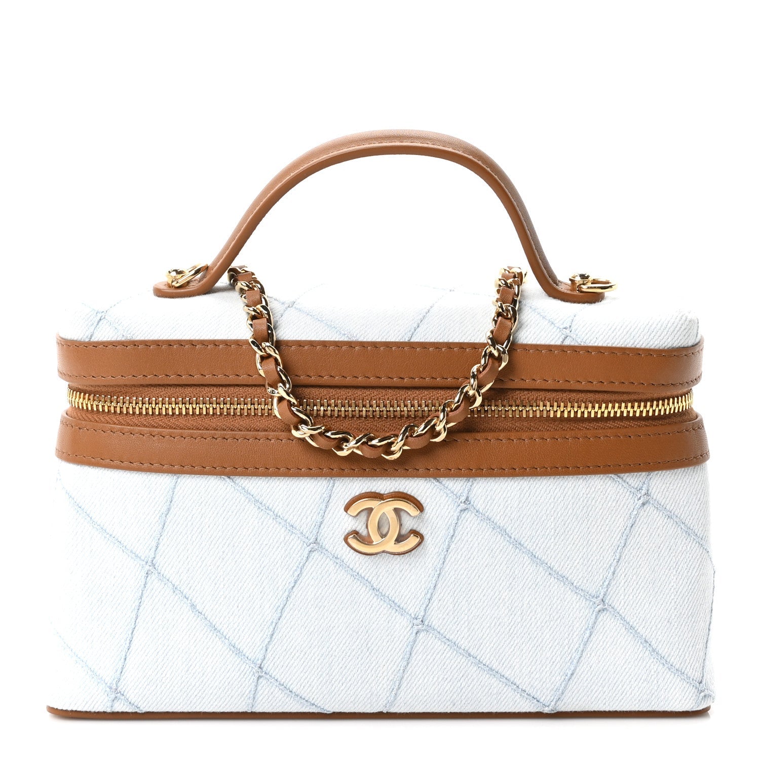 Washed Denim Calfskin Quilted Top Handle Slim Vanity Case With Chain Blue Brown