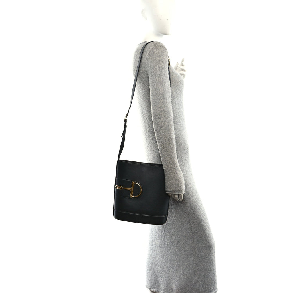 Arabella Calfskin Horsebit 73 Medium Bucket Bag Black