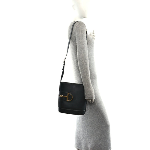 Arabella Calfskin Horsebit 73 Medium Bucket Bag Black