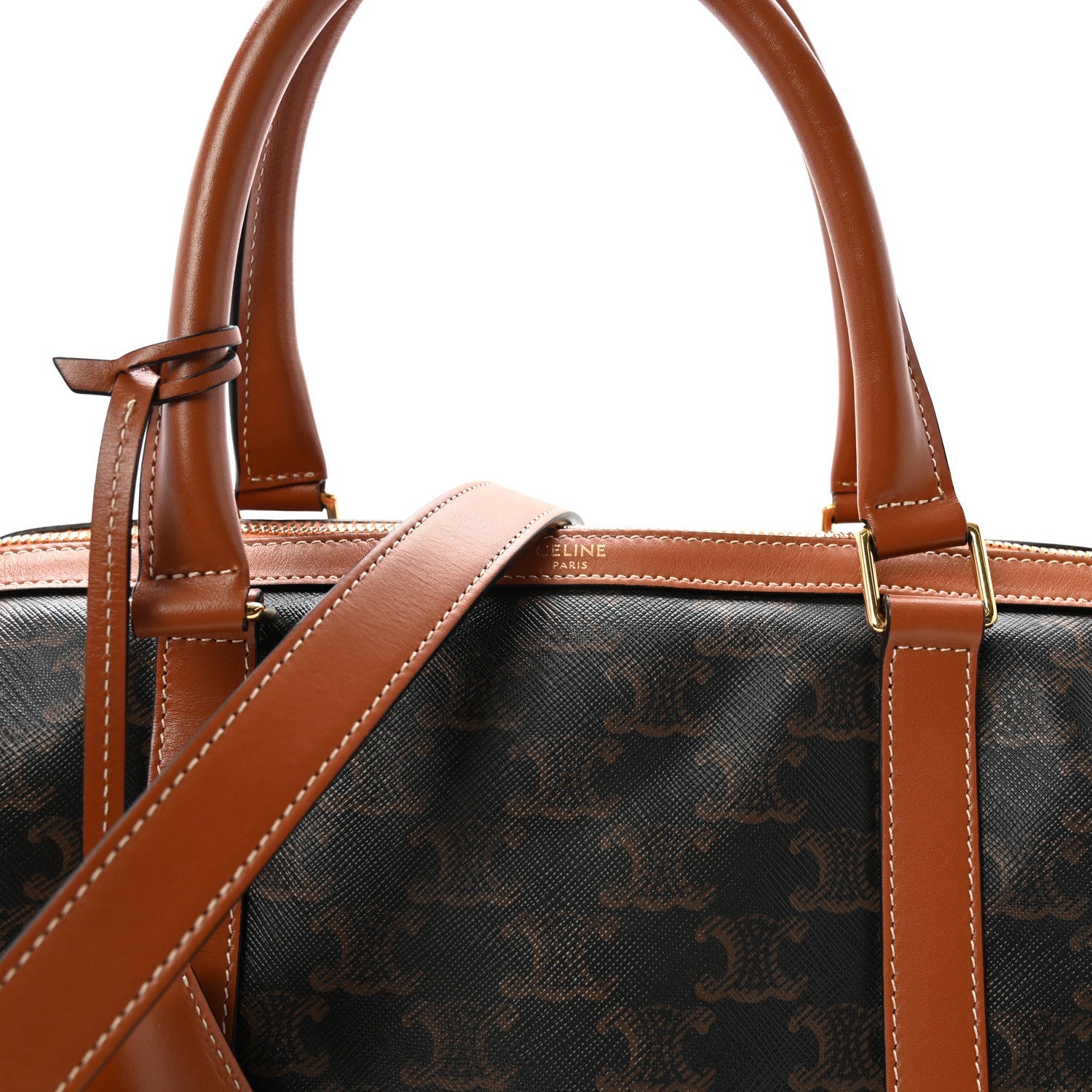 Triomphe Canvas Calfskin Boston Bag Tan