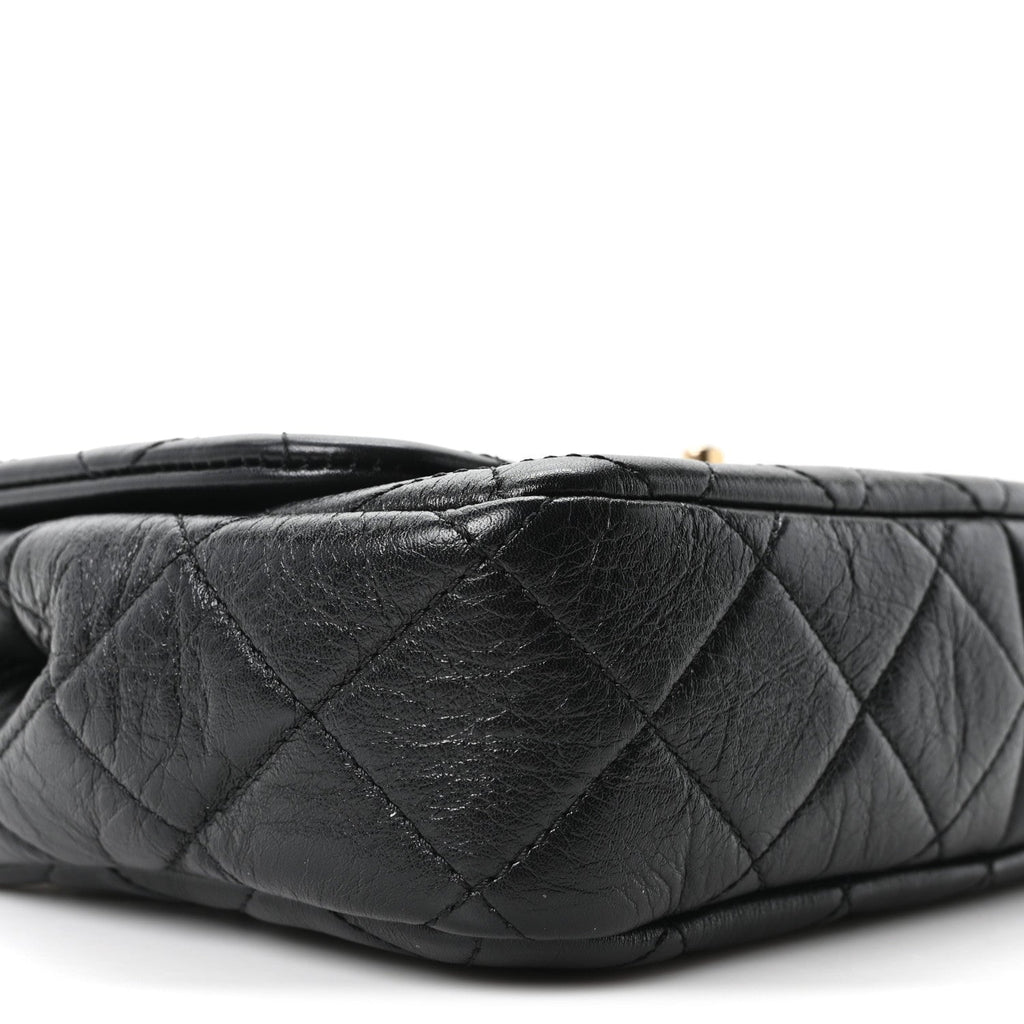 Glazed Calfskin Quilted Pearl Side Flap Black