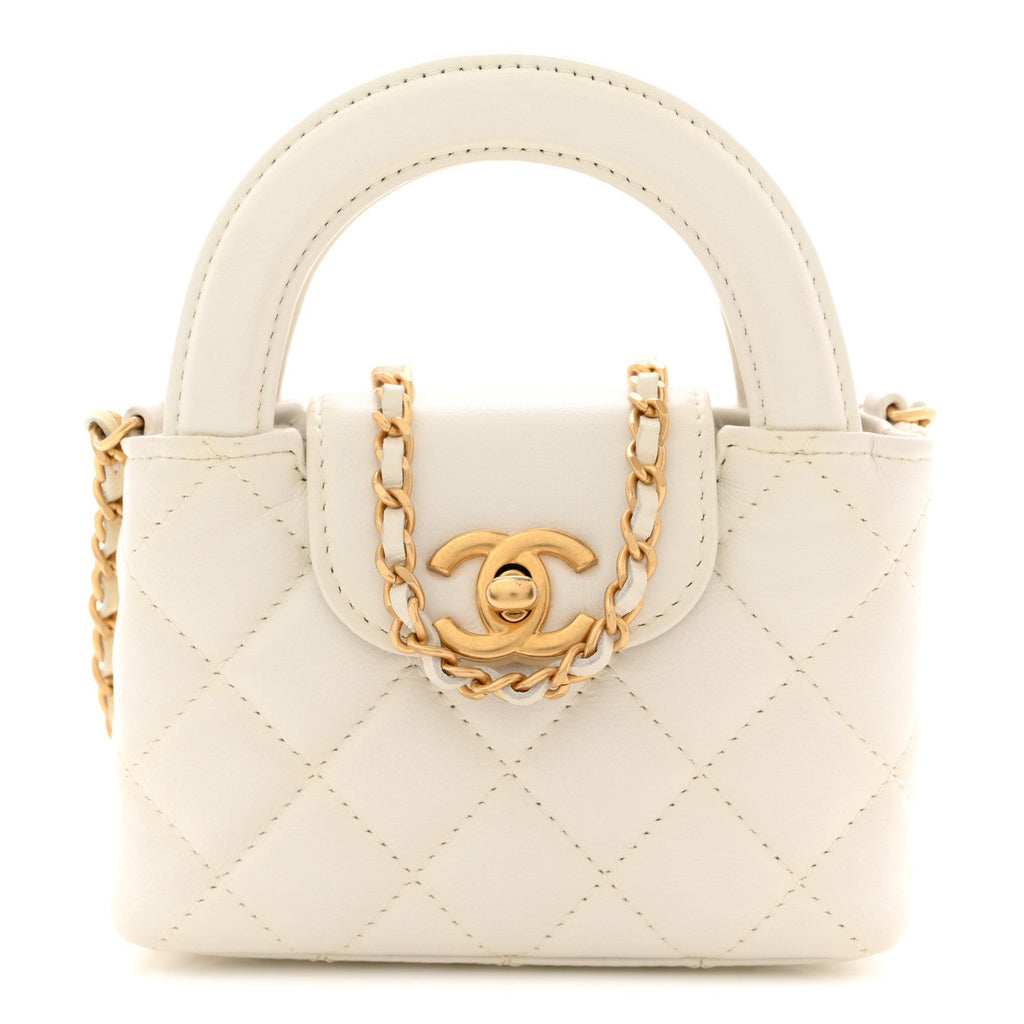 Shiny Aged Calfskin Quilted Mini Nano Kelly Shopper Beige White