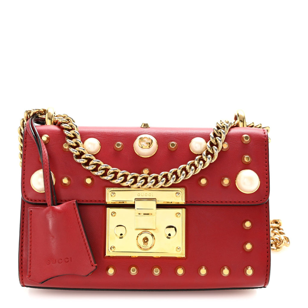 Calfskin Studded Small Padlock Shoulder Bag Hibiscus Red
