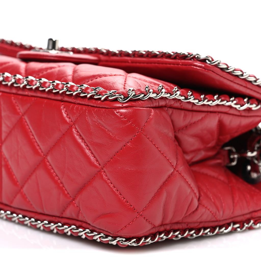 Crumpled Calfskin Medium Chain All Over Flap Red