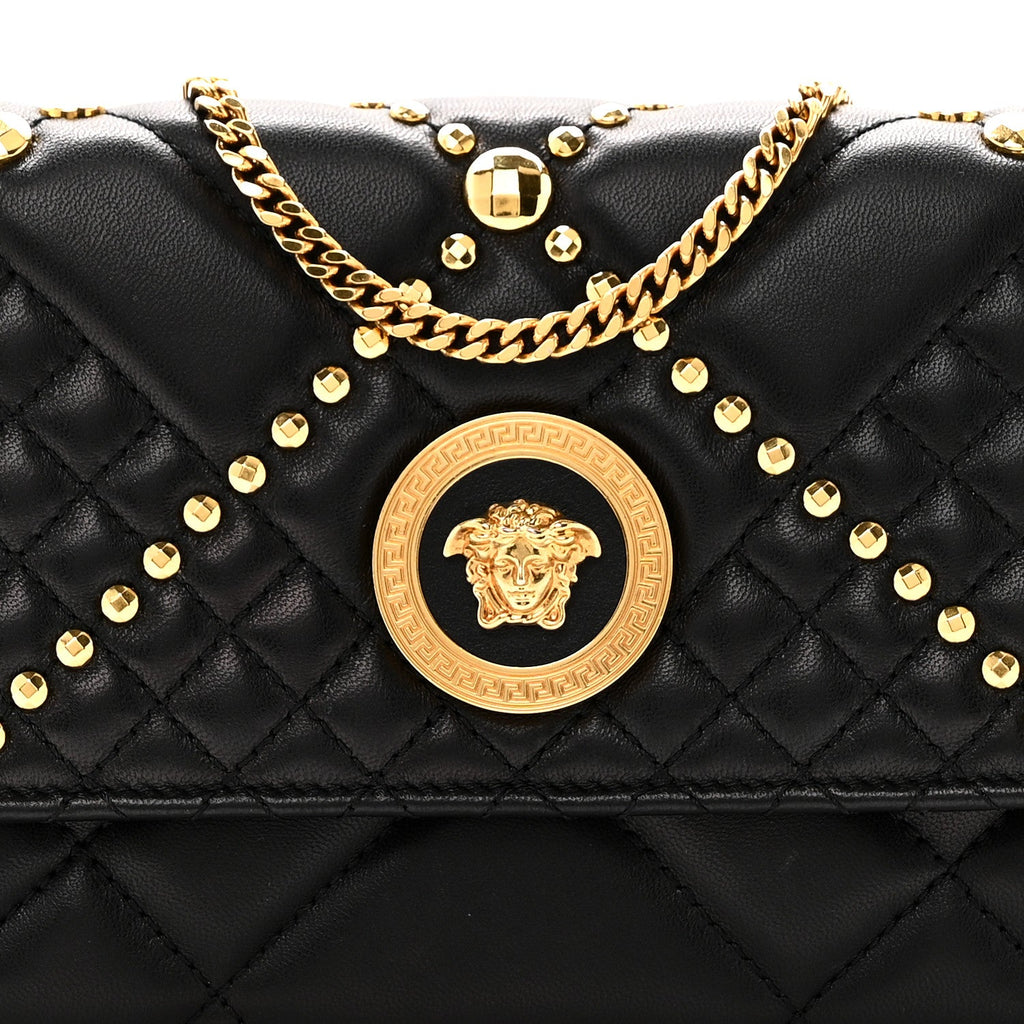 Lambskin Studded Quilted Medusa Wallet on Chain Crossbody Black Gold