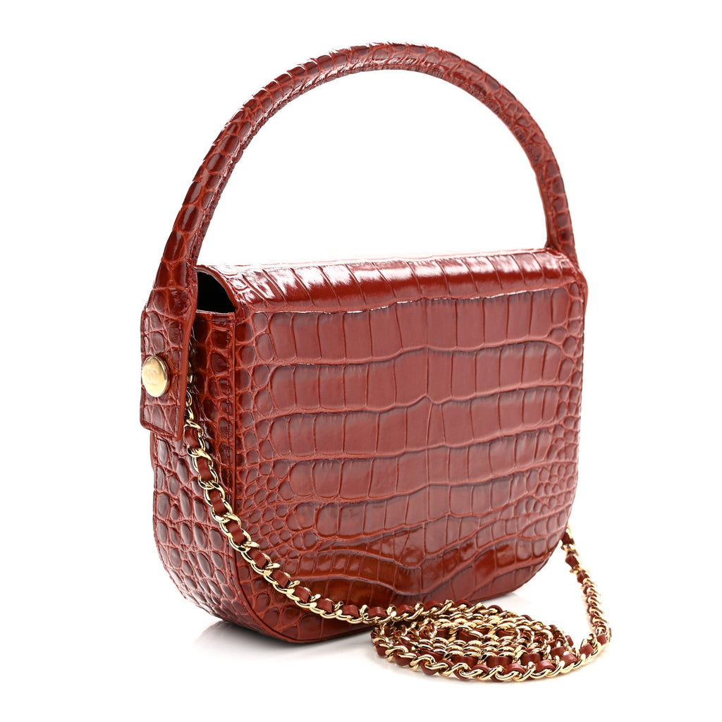 Calfskin Crocodile Embossed Turn Around Mini Flap Grey Burgundy