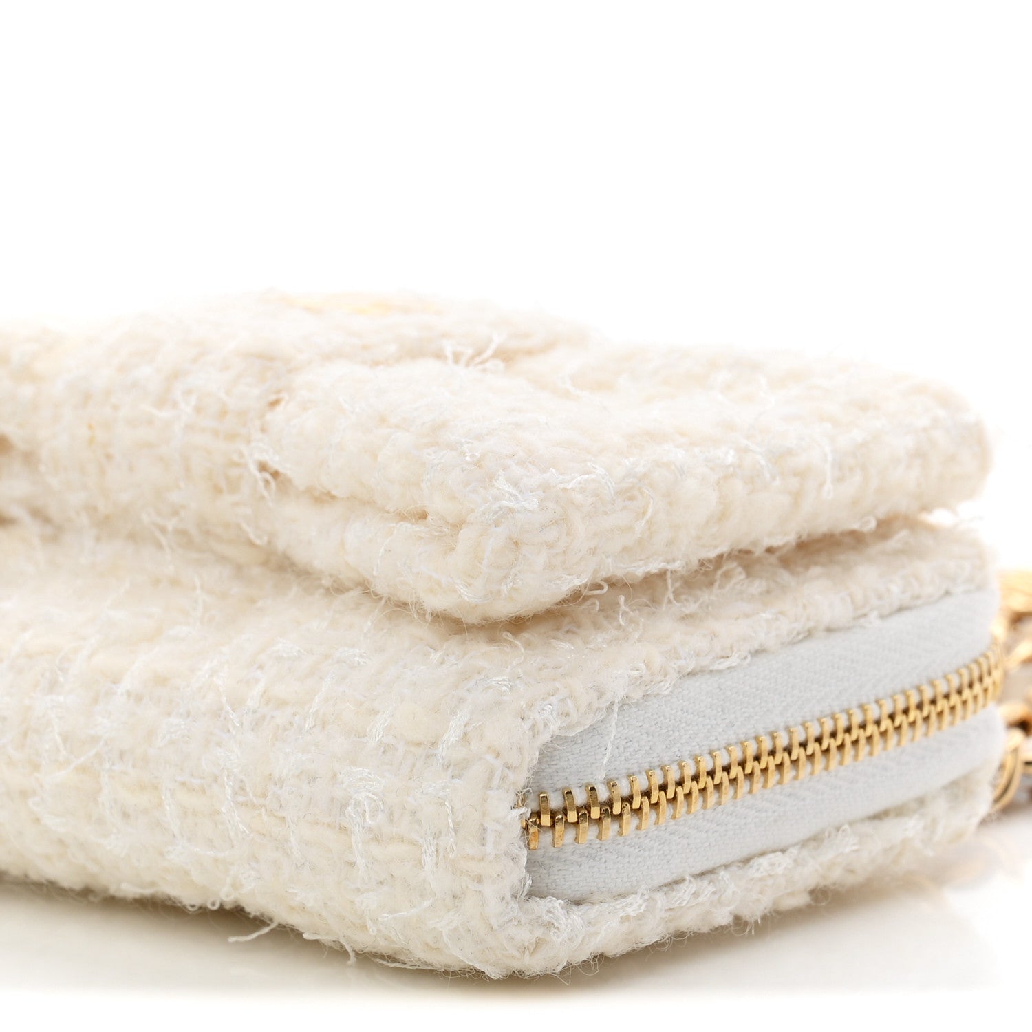 Tweed Quilted Bow Flap Card Holder On Chain White