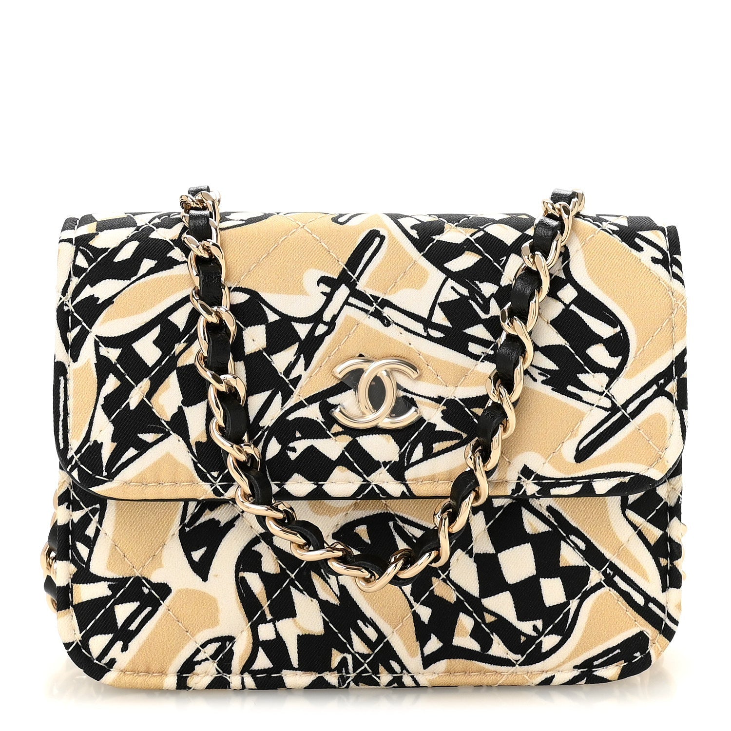 Canvas Check Flag Printed CC Clutch With Chain Beige Multicolor
