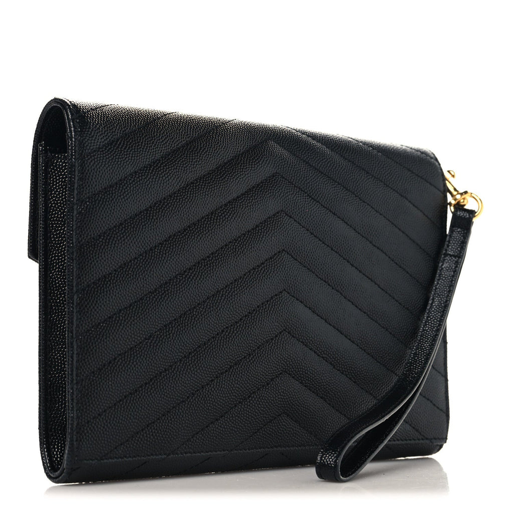 Grain De Poudre Matelasse Chevron Monogram Envelope Clutch Black