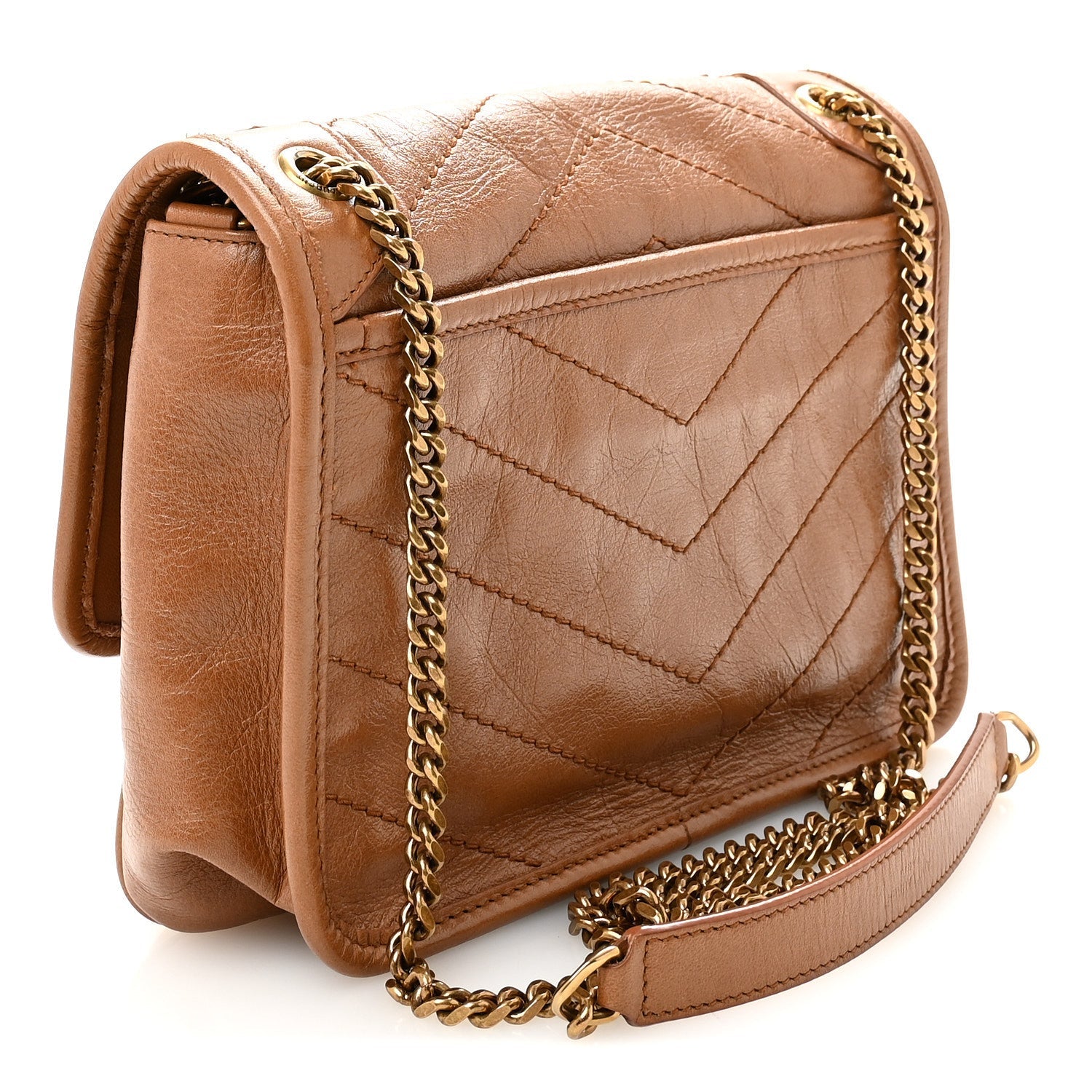 Crinkled Calfskin Matelasse Monogram Baby Niki Chain Satchel Light Caramel