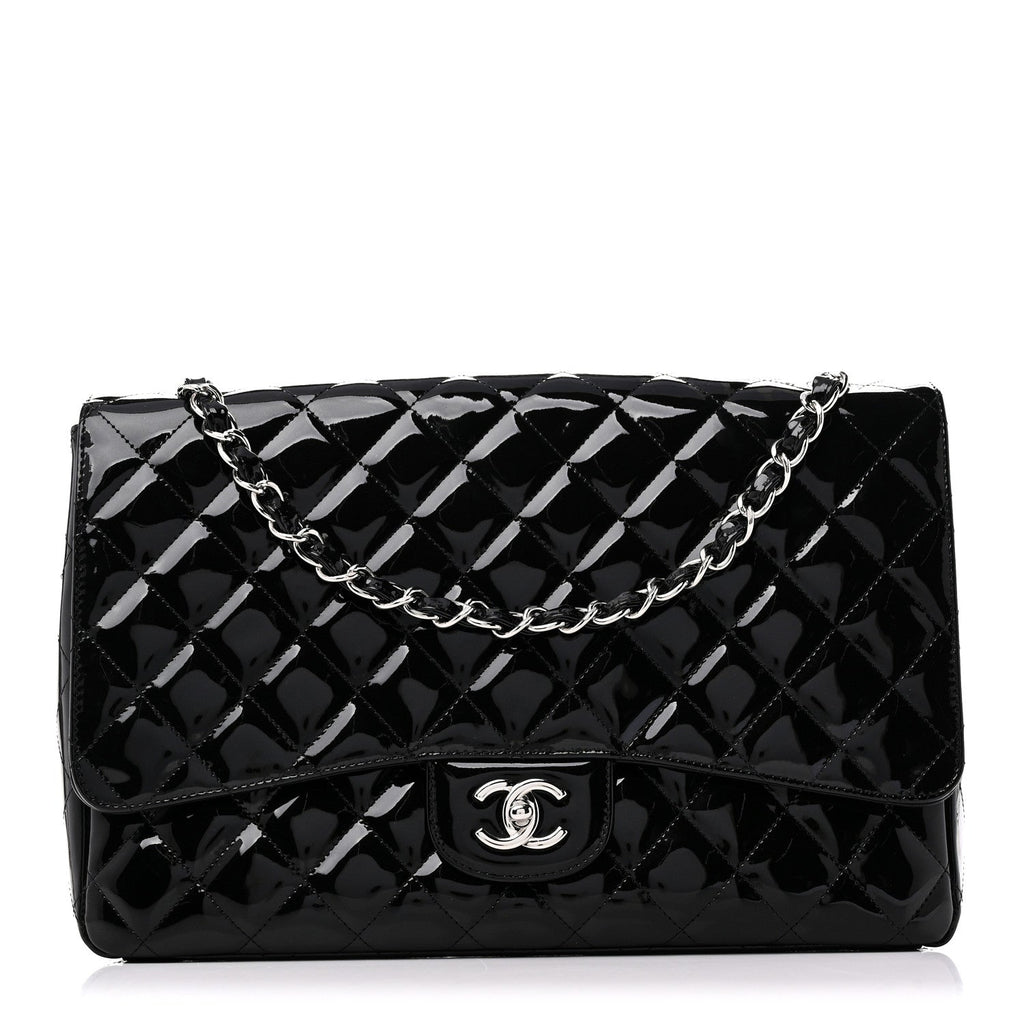 Patent Calfskin Sparkle Quilted Maxi Single Flap Black