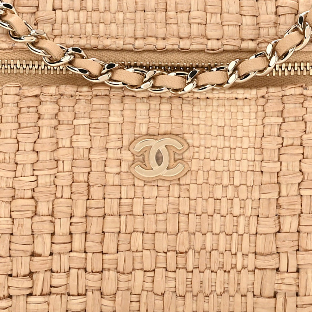 Braided Raffia Quilted Top Handle Slim Vanity Case With Chain Beige