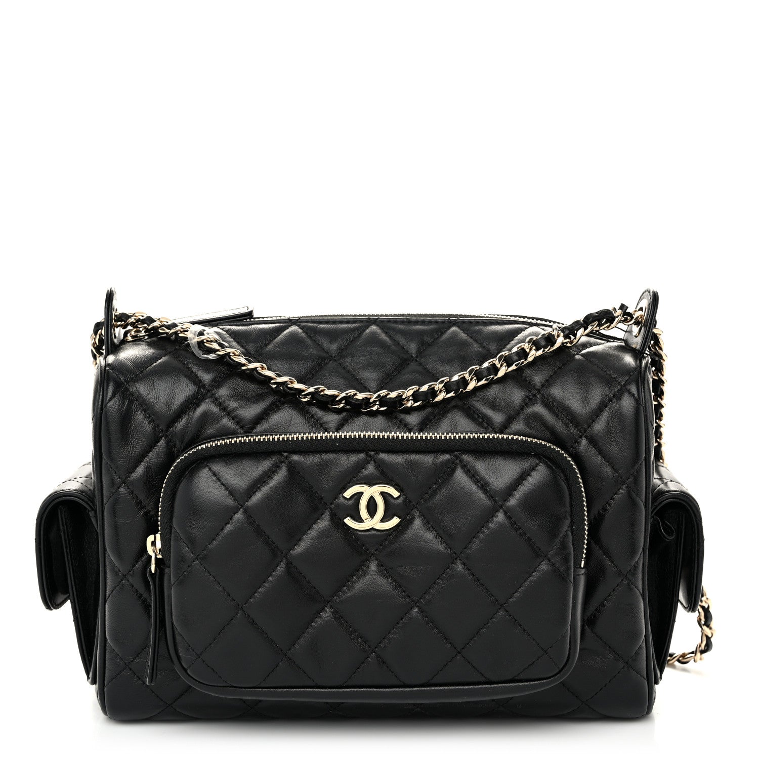 Shiny Crumpled Lambskin Quilted Medium Preppy Pocket Camera Case Black