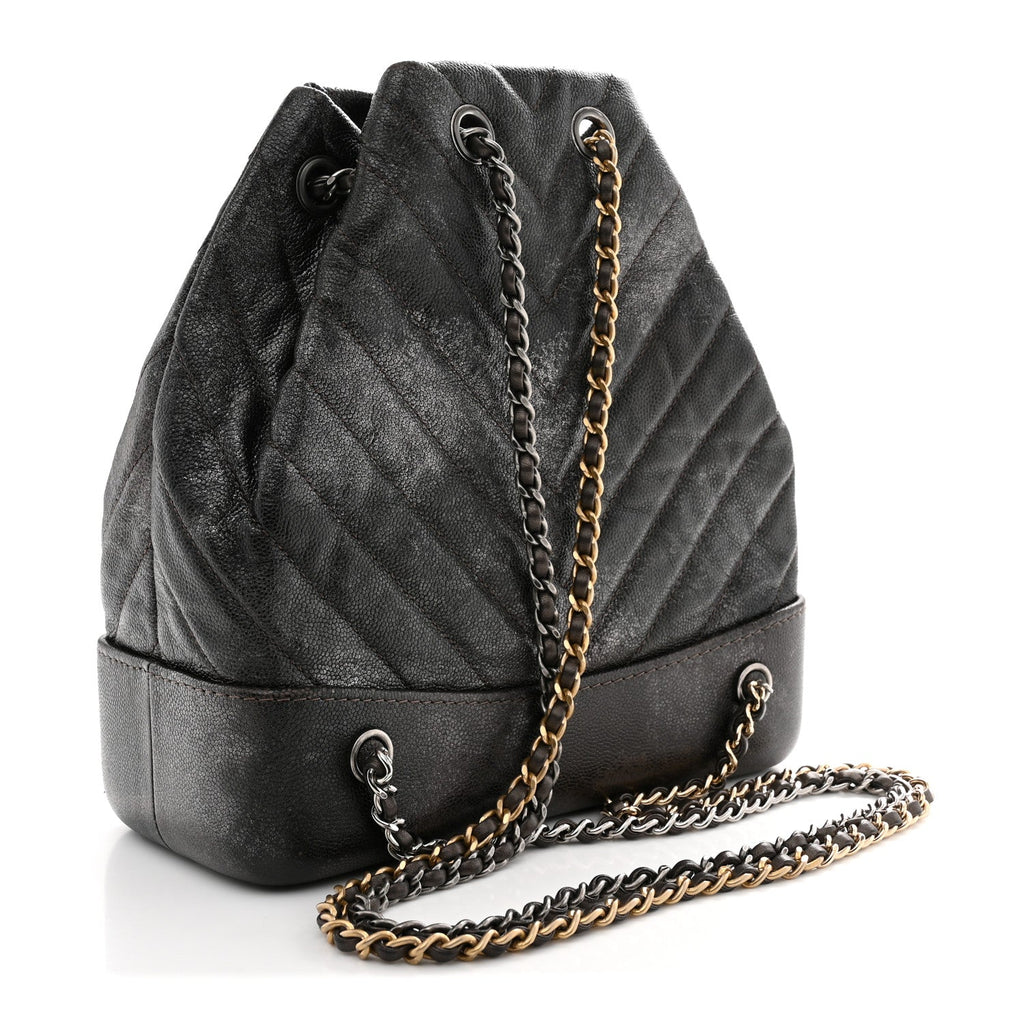 Metallic Grained Goatskin Chevron Quilted Gabrielle Backpack Dark Silver Gold