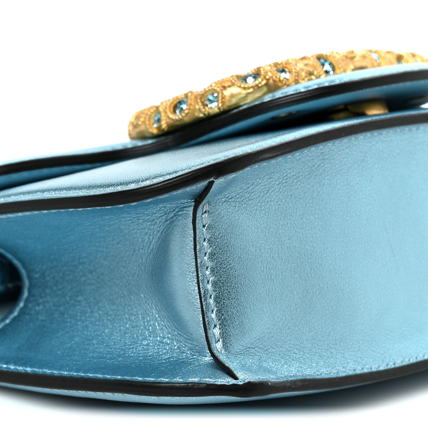Laminated Calfskin Crystal Vlogo Small Shoulder Bag Blue